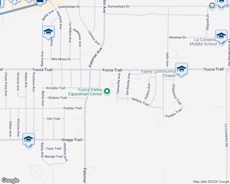 map of restaurants, bars, coffee shops, grocery stores, and more near 7442 Camarilla Avenue in Yucca Valley