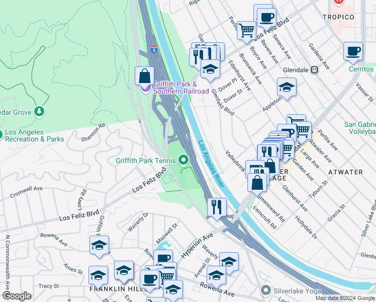 map of restaurants, bars, coffee shops, grocery stores, and more near 3785 West Livia Lane in Los Angeles