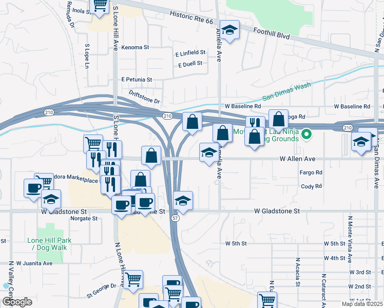 map of restaurants, bars, coffee shops, grocery stores, and more near 1160 Nicole Court in Glendora