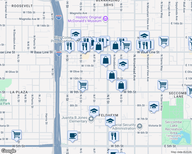 map of restaurants, bars, coffee shops, grocery stores, and more near 594 West 10th Street in San Bernardino