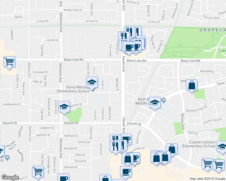 map of restaurants, bars, coffee shops, grocery stores, and more near 10438 Palo Alto Street in Rancho Cucamonga
