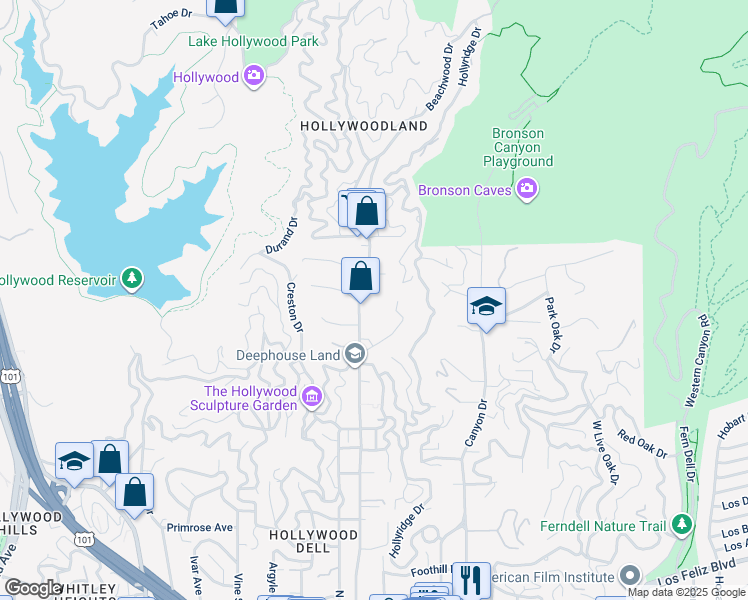 map of restaurants, bars, coffee shops, grocery stores, and more near 2604 Beachwood Drive in Los Angeles