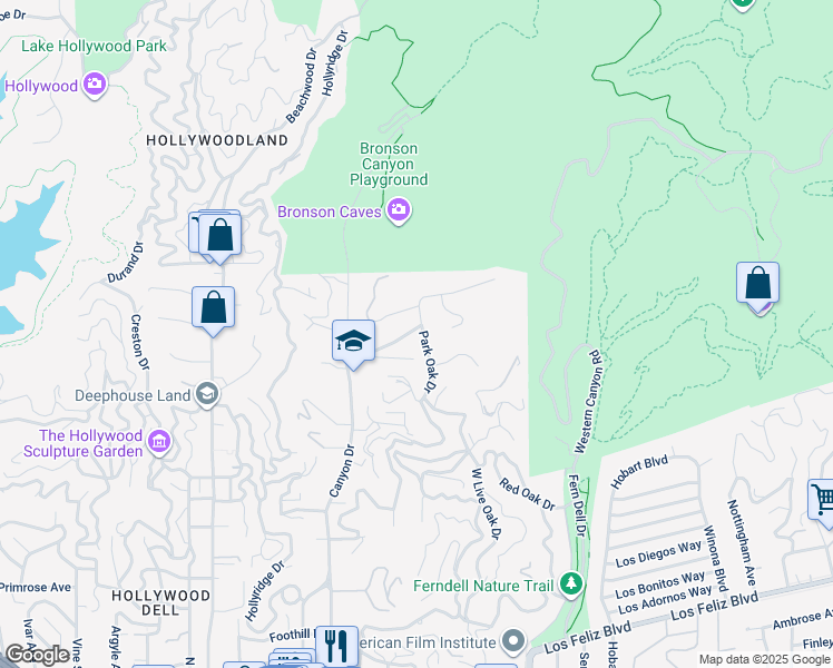 map of restaurants, bars, coffee shops, grocery stores, and more near 5700 Spring Oak Drive in Los Angeles