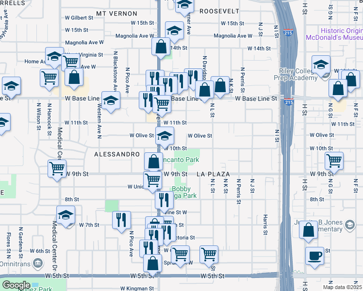 map of restaurants, bars, coffee shops, grocery stores, and more near 1224 West 10th Street in San Bernardino