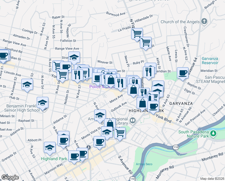 map of restaurants, bars, coffee shops, grocery stores, and more near 6176 Aldama Street in Los Angeles