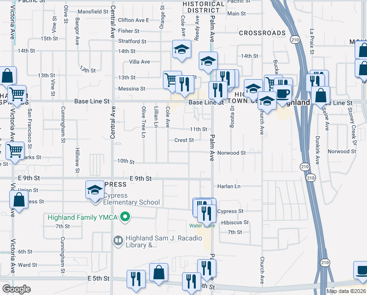 map of restaurants, bars, coffee shops, grocery stores, and more near 27175 Norwood Street in Highland