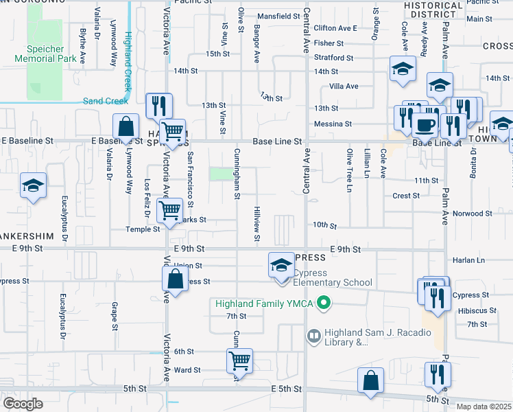 map of restaurants, bars, coffee shops, grocery stores, and more near 7501 Hillview Street in Highland