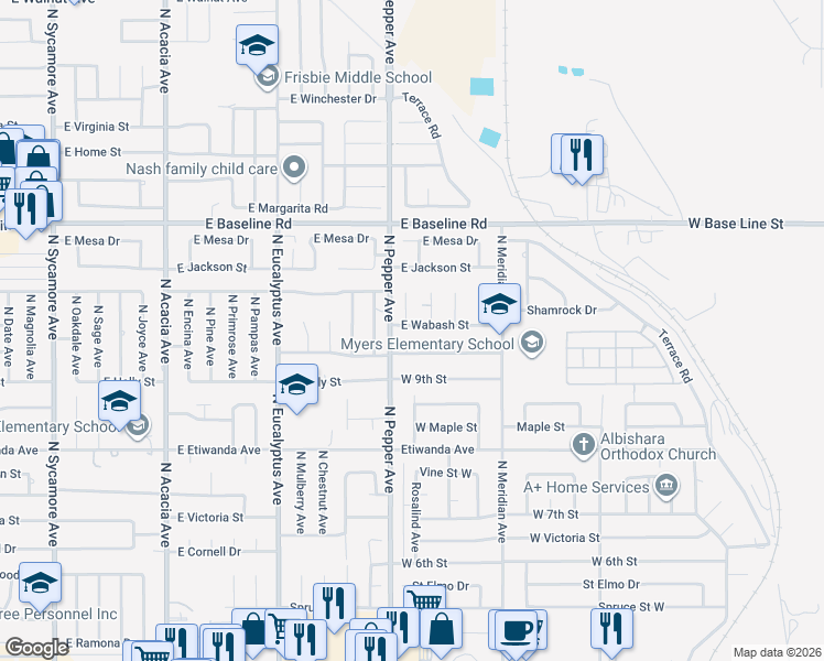 map of restaurants, bars, coffee shops, grocery stores, and more near 1022 Rosalind Avenue in Rialto
