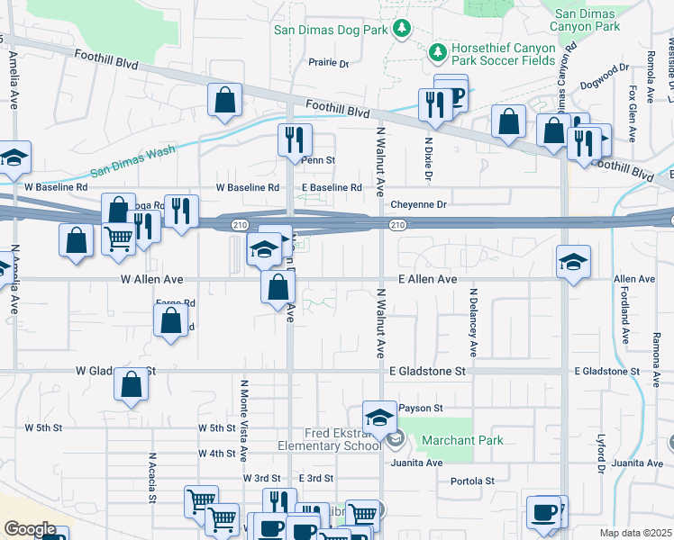 map of restaurants, bars, coffee shops, grocery stores, and more near 887 El Paso Court in San Dimas