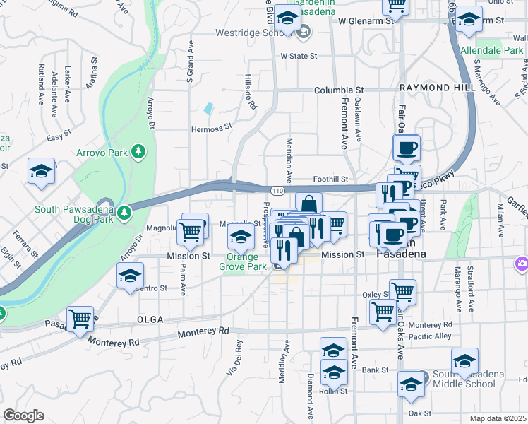 map of restaurants, bars, coffee shops, grocery stores, and more near 640 Prospect Avenue in South Pasadena