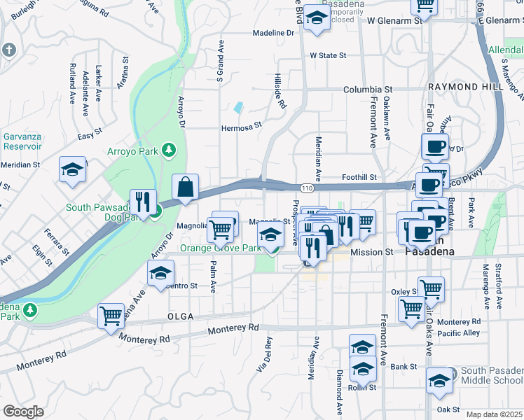 map of restaurants, bars, coffee shops, grocery stores, and more near 653 Orange Grove Avenue in South Pasadena