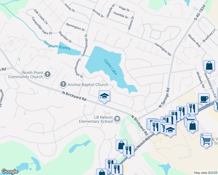 map of restaurants, bars, coffee shops, grocery stores, and more near 6 West Springs Court in Columbia