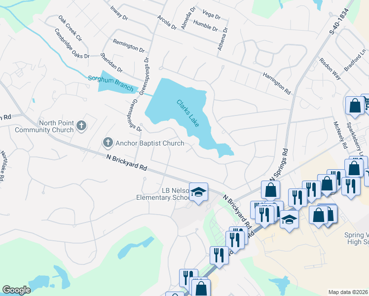 map of restaurants, bars, coffee shops, grocery stores, and more near 6 West Springs Court in Columbia