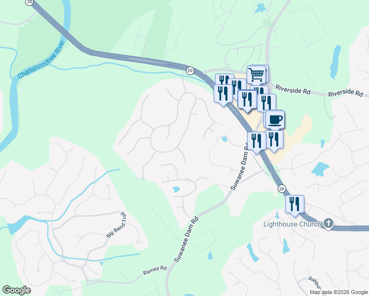 map of restaurants, bars, coffee shops, grocery stores, and more near 510 Pine Rock Trail in Sugar Hill