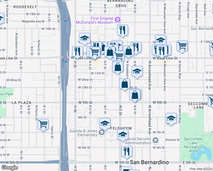 map of restaurants, bars, coffee shops, grocery stores, and more near 594 West 10th Street in San Bernardino