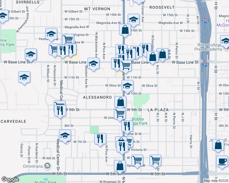 map of restaurants, bars, coffee shops, grocery stores, and more near 1356 West 10th Street in San Bernardino
