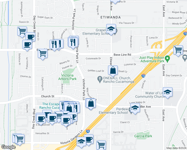 map of restaurants, bars, coffee shops, grocery stores, and more near 12772 Wine Cellar Court in Rancho Cucamonga