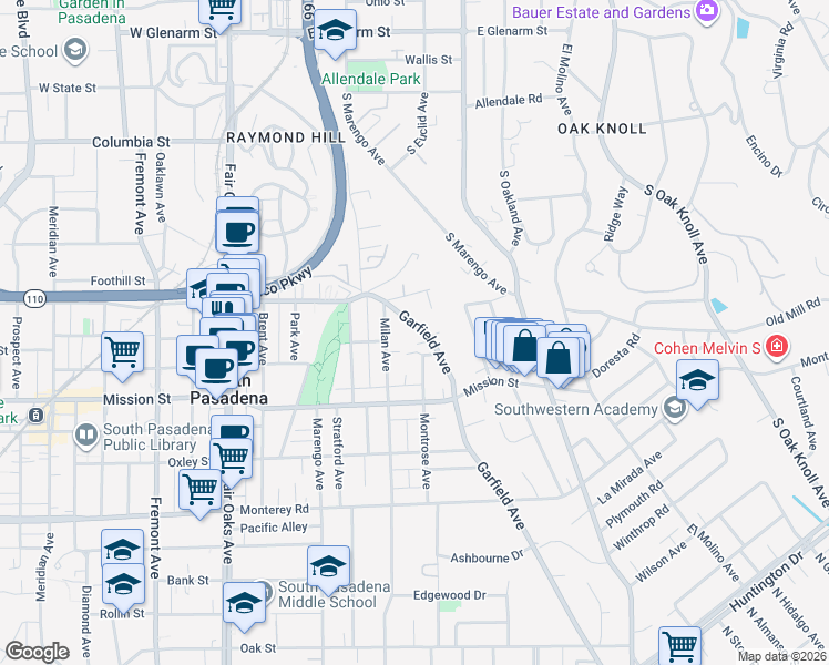 map of restaurants, bars, coffee shops, grocery stores, and more near 735 Garfield Avenue in South Pasadena