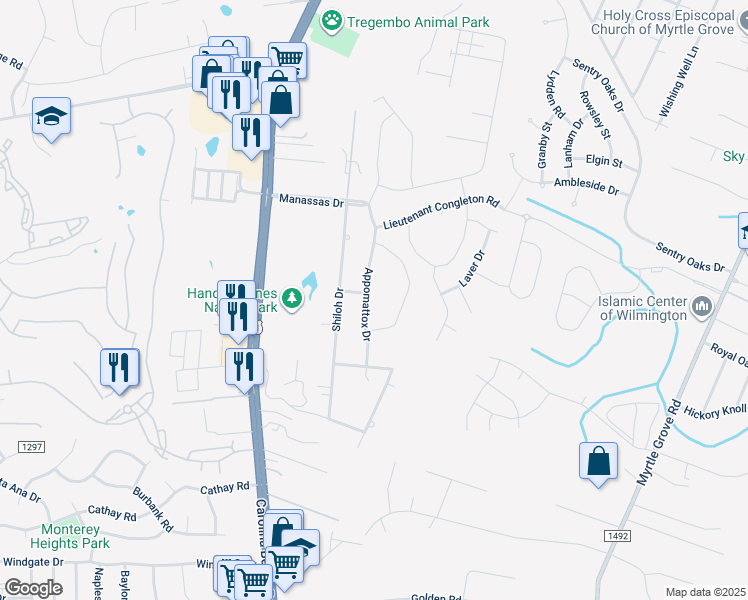 map of restaurants, bars, coffee shops, grocery stores, and more near Chancellorsville Drive in Wilmington