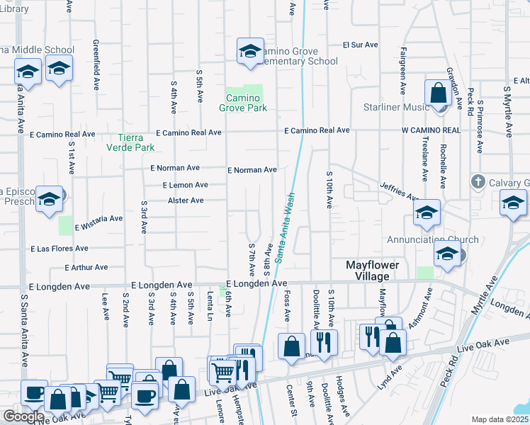 map of restaurants, bars, coffee shops, grocery stores, and more near 1900 Seventh Place in Arcadia