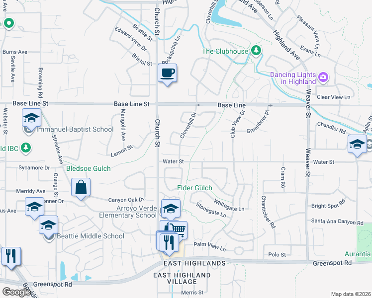 map of restaurants, bars, coffee shops, grocery stores, and more near 29015 Willow Creek Lane in Highland