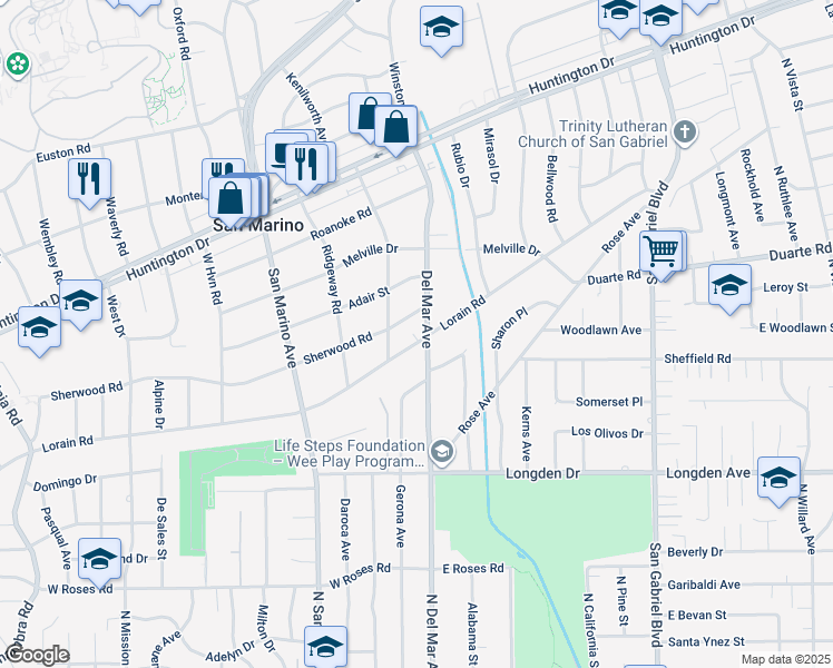 map of restaurants, bars, coffee shops, grocery stores, and more near 2515 Lorain Road in San Marino