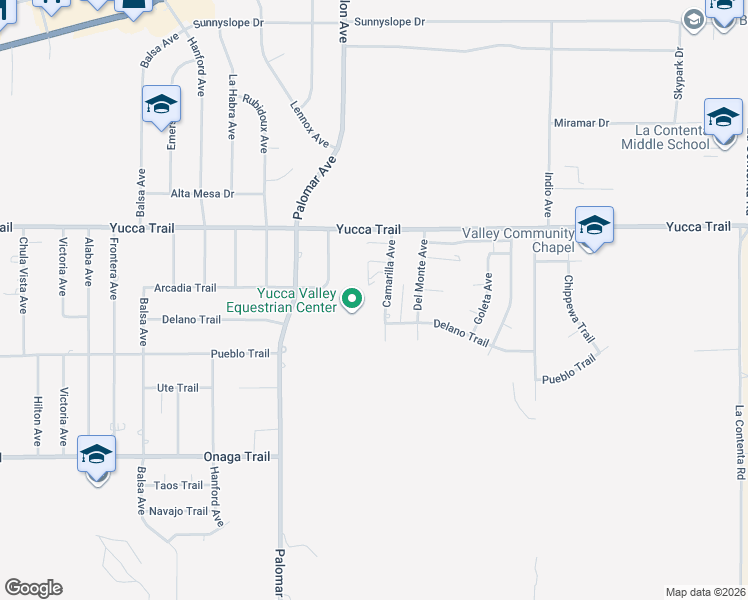 map of restaurants, bars, coffee shops, grocery stores, and more near 7442 Camarilla Avenue in Yucca Valley