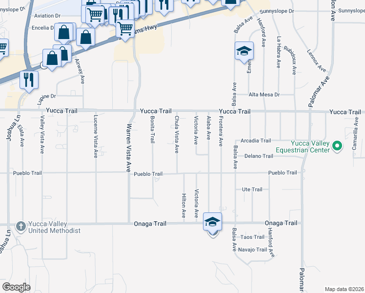 map of restaurants, bars, coffee shops, grocery stores, and more near 7463 Chula Vista Avenue in Yucca Valley