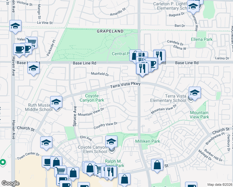 map of restaurants, bars, coffee shops, grocery stores, and more near 7522 Calais Court in Rancho Cucamonga