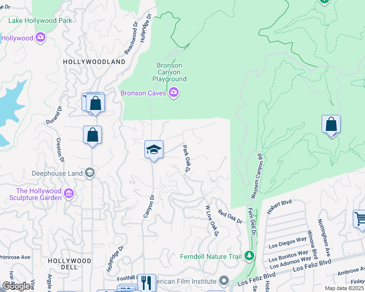 map of restaurants, bars, coffee shops, grocery stores, and more near 5700 Spring Oak Drive in Los Angeles