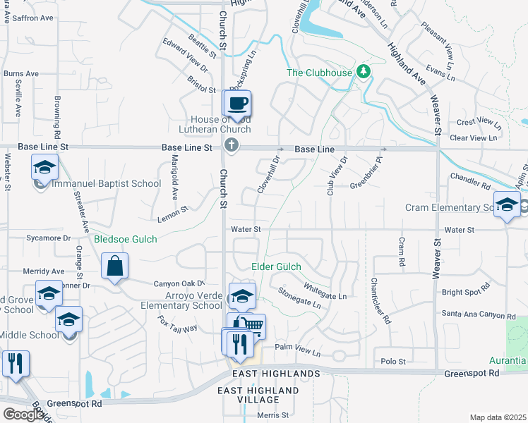 map of restaurants, bars, coffee shops, grocery stores, and more near 29015 Willow Creek Lane in Highland