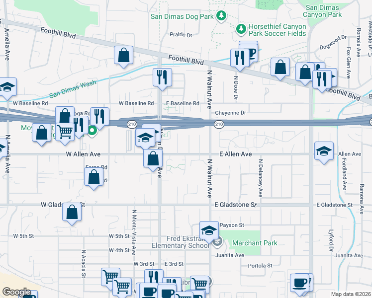 map of restaurants, bars, coffee shops, grocery stores, and more near 913 Durango Court in San Dimas