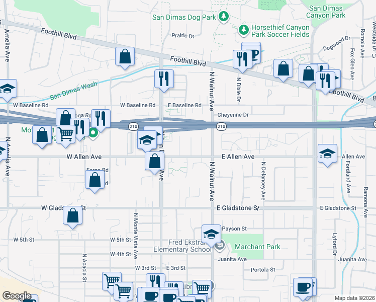 map of restaurants, bars, coffee shops, grocery stores, and more near 913 Durango Court in San Dimas
