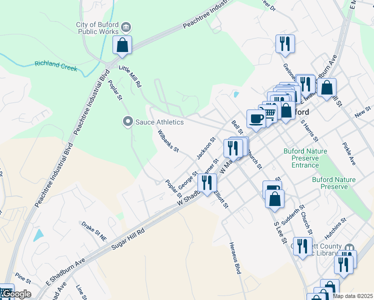 map of restaurants, bars, coffee shops, grocery stores, and more near 140 Wilbanks Street in Buford