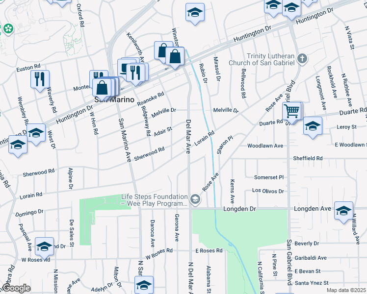 map of restaurants, bars, coffee shops, grocery stores, and more near 2515 Lorain Road in San Marino