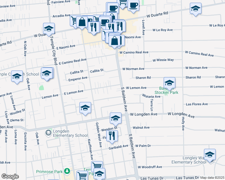 map of restaurants, bars, coffee shops, grocery stores, and more near 1822 Rowland Avenue in Arcadia