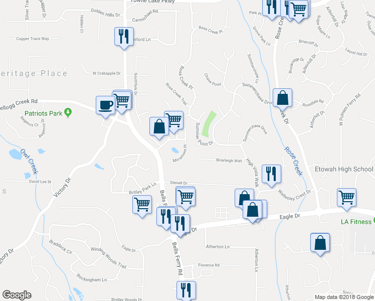 map of restaurants, bars, coffee shops, grocery stores, and more near 523 Mirramont Place in Woodstock