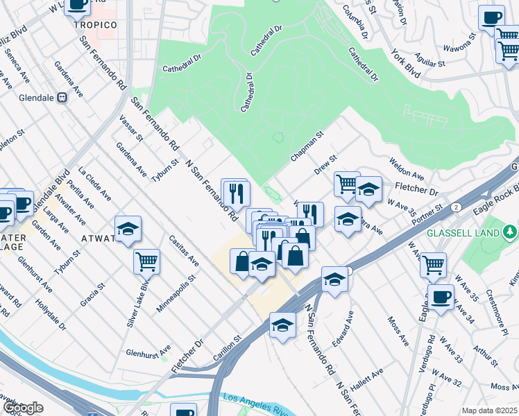 map of restaurants, bars, coffee shops, grocery stores, and more near 3235 North San Fernando Road in Los Angeles