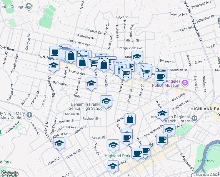 map of restaurants, bars, coffee shops, grocery stores, and more near Baltimore Street in Los Angeles