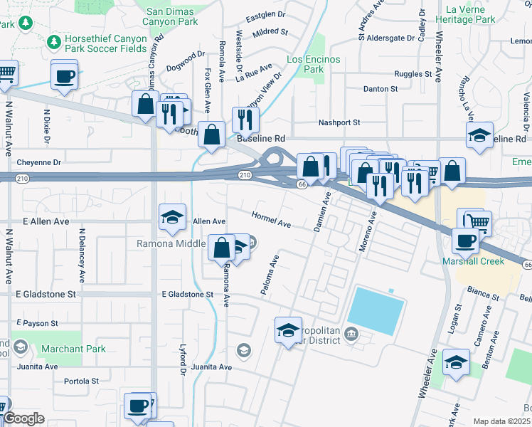 map of restaurants, bars, coffee shops, grocery stores, and more near 976 Hormel Avenue in La Verne