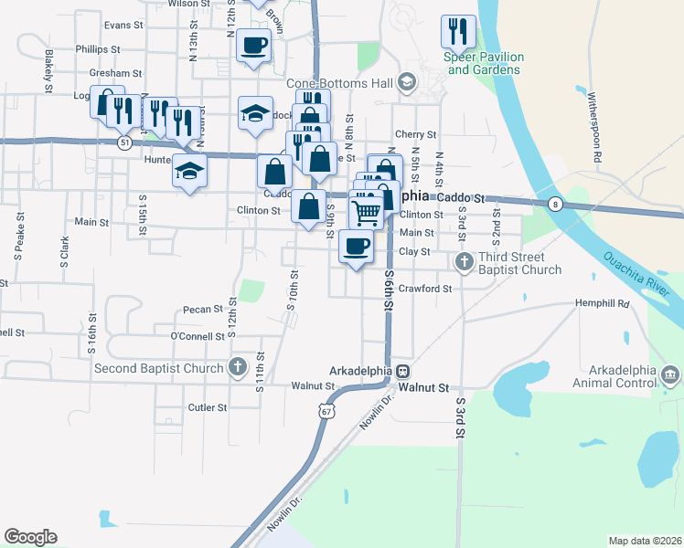 map of restaurants, bars, coffee shops, grocery stores, and more near 508 S 8th St in Arkadelphia