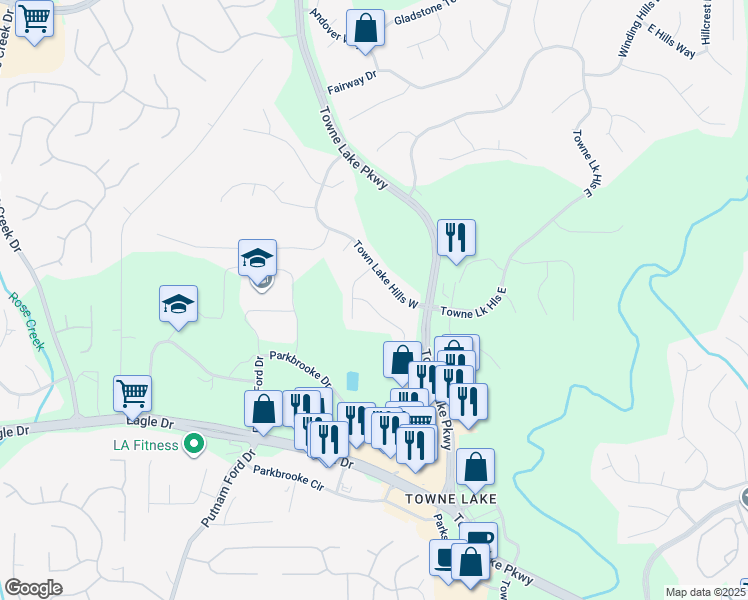 map of restaurants, bars, coffee shops, grocery stores, and more near 105 West Point Trail in Woodstock