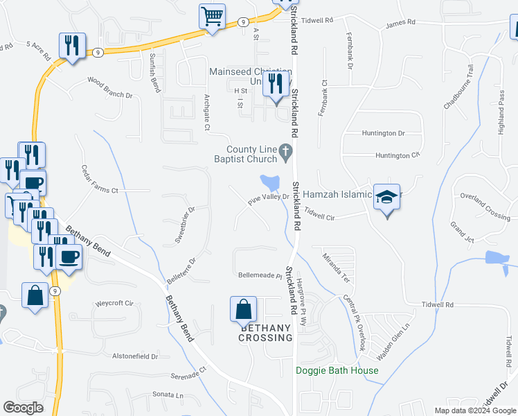 map of restaurants, bars, coffee shops, grocery stores, and more near 1140 Pine Crest Terrace in Alpharetta