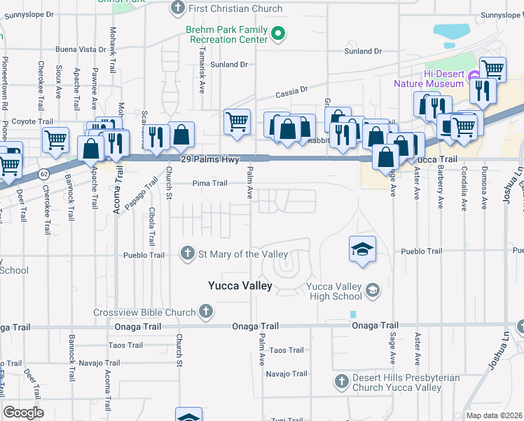 map of restaurants, bars, coffee shops, grocery stores, and more near 7466 Via Real Lane in Yucca Valley