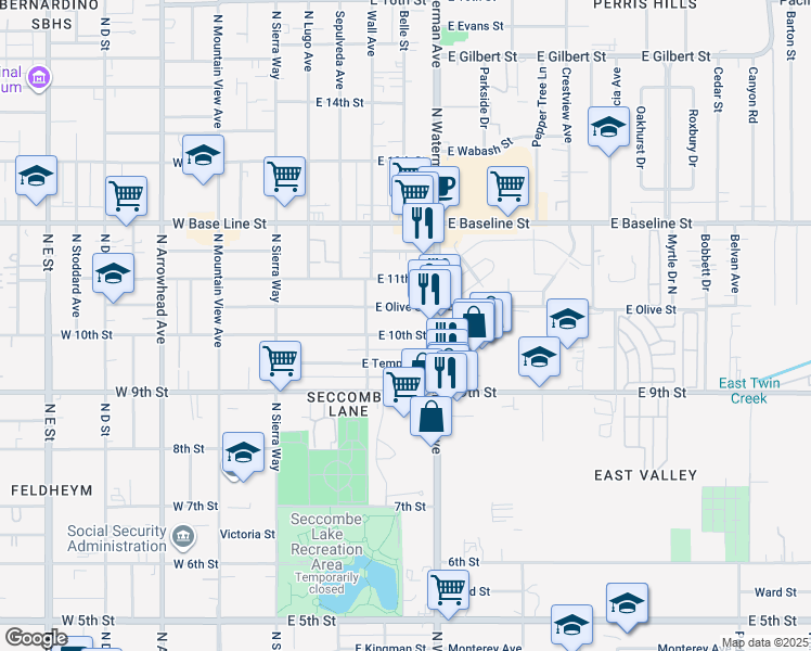 map of restaurants, bars, coffee shops, grocery stores, and more near 260 East 10th Street in San Bernardino