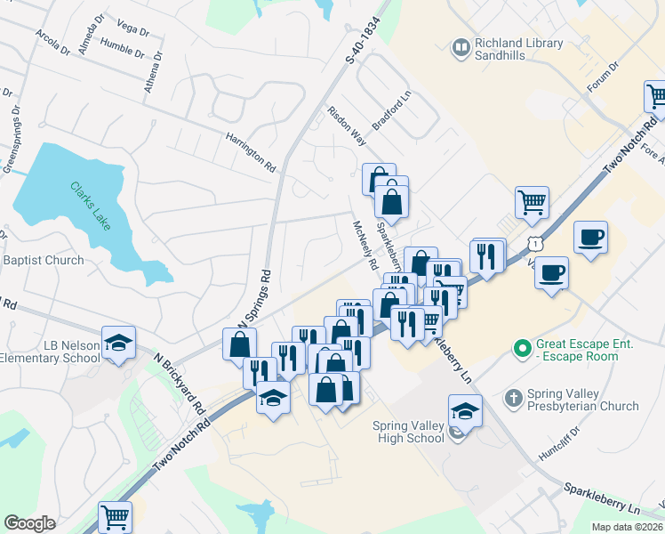 map of restaurants, bars, coffee shops, grocery stores, and more near 344 Thornridge Road in Columbia