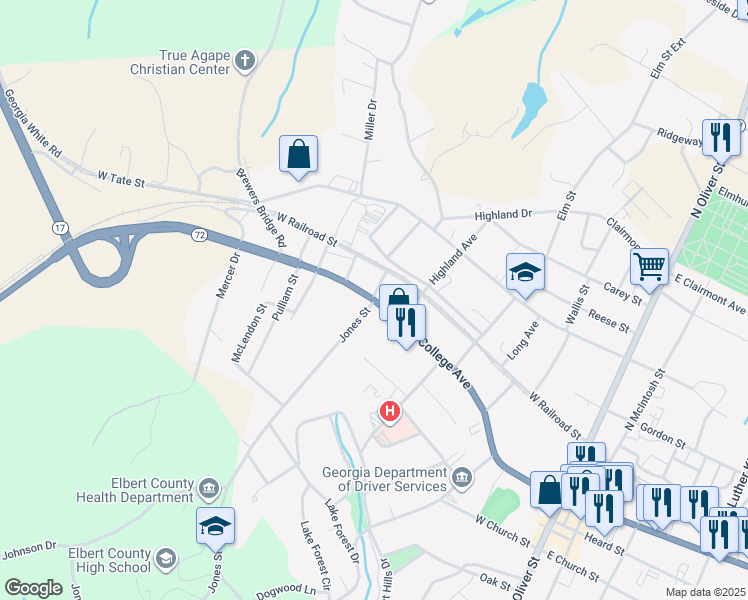 map of restaurants, bars, coffee shops, grocery stores, and more near 255 College Avenue in Elberton