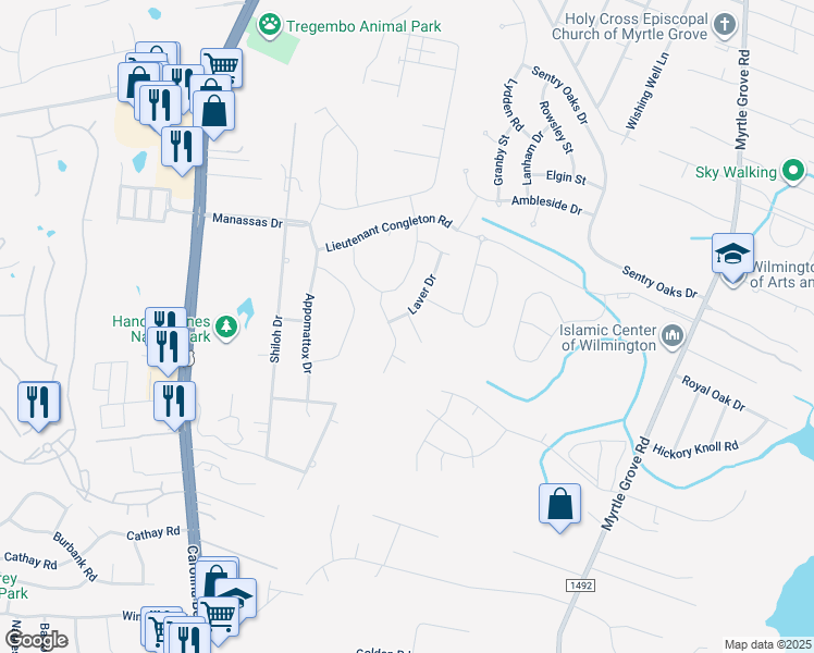 map of restaurants, bars, coffee shops, grocery stores, and more near Culdees Lane in Wilmington