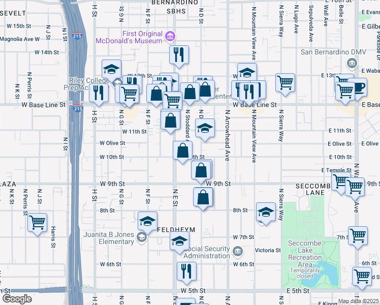 map of restaurants, bars, coffee shops, grocery stores, and more near 442 West 10th Street in San Bernardino
