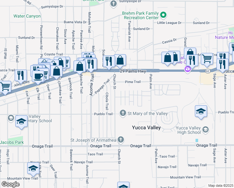 map of restaurants, bars, coffee shops, grocery stores, and more near 7403 Church Street in Yucca Valley
